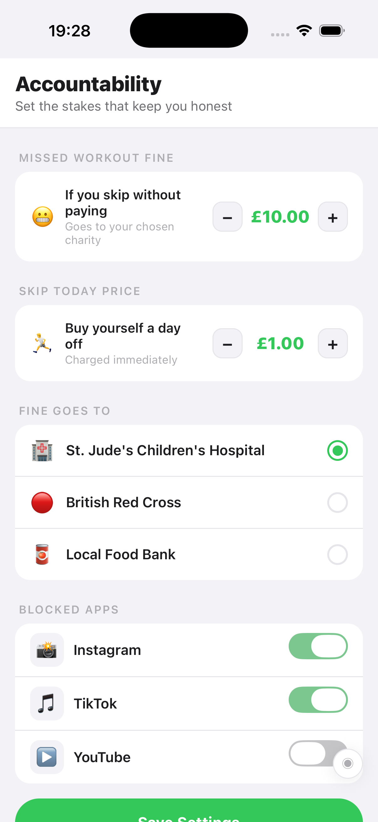 Accountability settings — fines and charity